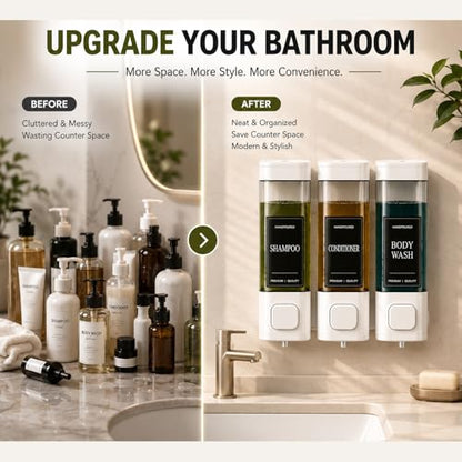 Shampoo and Conditioner Dispenser, Shower Shampoo Dispenser 3 Chamber No Drill, Shampoo and Conditioner Bottles for Bathroom Hotel Large Capacity(White) - color: White