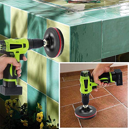HUAWELL Drill Powered Brush Tile Scrubber Scouring Pads Cleaning Kit, 2 Different Stiffness, Disc Pad Holder with 12 Scrubbing Pads, Cleans Large Flat Areas (5 Inch)