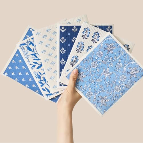 RECYCO Swedish Dishcloths for Kitchen | 6 Pack Heritage Florals Blue Washable Dish Rags | Cellulose Reusable Cleaning Paper Towels | Absorbent Counter Dish Cloth Sponge Kitchen Wipes, 8" L x 7" W - color: Heritage Florals Blue - 6 Pack