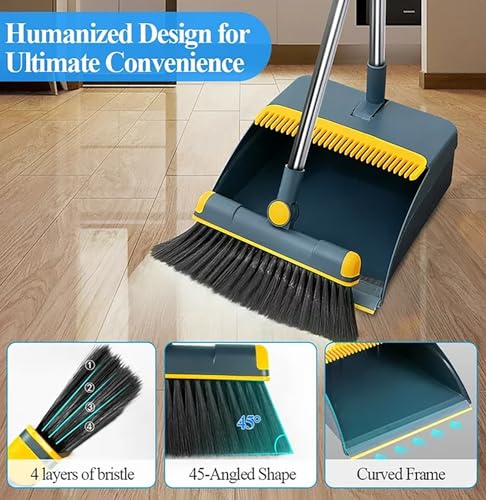 Broom and Dustpan Set 50" Long Handle Foldable Stand Up Broom and Dustpan with Comb Teeth for Indoor & Outdoor Sweeping Home Dog Cat Pets (Blue) - color: Blue
