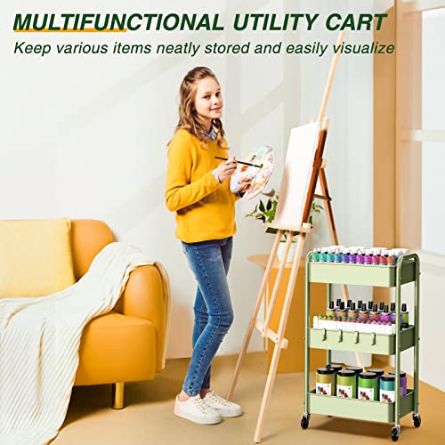 LEHOM 3 Tier Rolling Cart, Metal Rolling Utility Cart with Lockable Wheels & Hooks, Multi-Functional Heavy Duty Storage Cart Organizer for Bathroom, Kitchen, Office, Living Room - color: Green