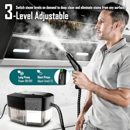 Steam Cleaner, 3-Level Adjustable Handle, 15s Heat-Up, Steamer for Cleaning With 1.8L Large Tank, Dry Burn Protection, Handheld Steam Cleaner for Home, Bathrooms, Tile,Grout,Car with 12pcs Accessories - color: Black