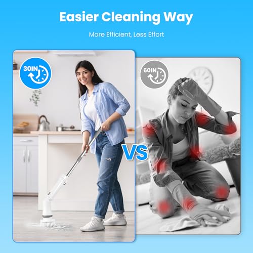 Moclever Electric Spin Scrubber – Cordless, Rechargeable, 400RPM Powerful Cleaning Brush with 6 Replaceable Heads, 2-Speed Adjustment & Extendable Handle for Bathroom, Tile, and Grout