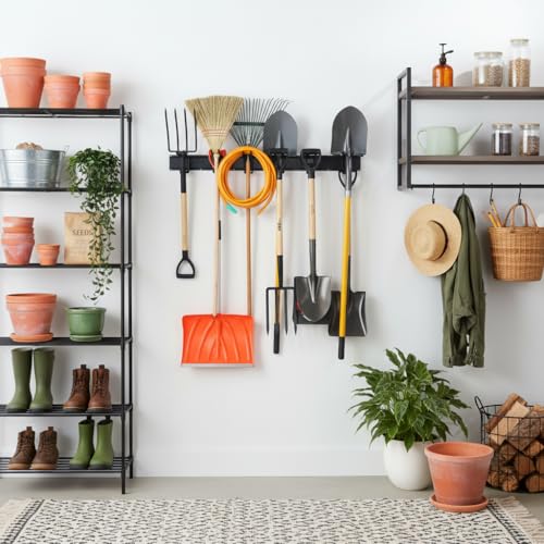 Aking Ace 96-Inch Heavy Duty Wall Mount Garden Tool Organizer for Garage | Adjustable hangers perfect for shovels, rakes, and Garage Tools, Heavy-duty rack holds 350lbs. Ideal for shed organization - size: 96inch