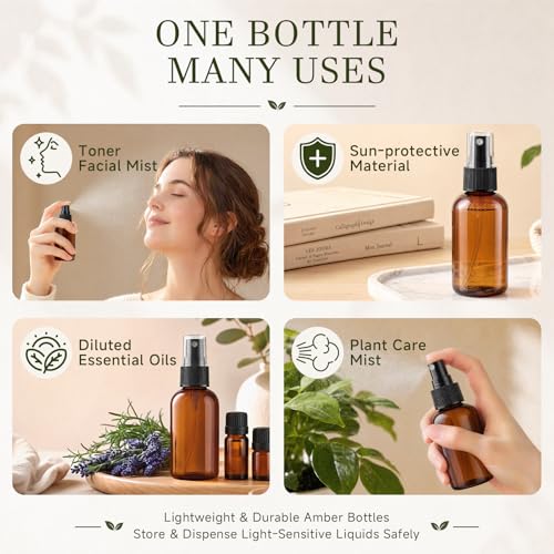 48 Pack Amber Plastic Spray Bottles, 2oz Fine Mist Spray Bottles for Essential Oils, Water Spray Bottle for Hair Plant & Cleaning Solution
