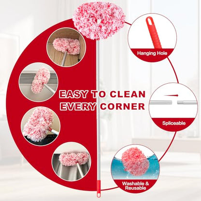 Ceiling Fan Cleaner Duster Reusable Microfiber Ceiling Fan Blade Cleaner Removable Duster with Extension Pole Adjusts 13 to 49.7 Inch for Cleaning Walls Furniture Door Window Top (Red White) - color: Red White