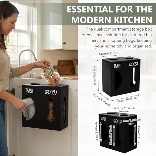 2 in 1 Trash Bag Dispenser, Double Wall Mounted,Wood Trash Bag Holder, used in kitchen, garage, laundry room, can store Environmentally friendly food bags and garbage bags(Black/Large) - color: Black/Large