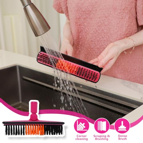 Magic Broom Household Silicone Broom, Multifunction Floor Squeegee with 2 Heads - Brush and Scrape, Magic Broom Sweeper with Extra-Long Adjustable Aluminum Handle for Floor, Glass, Tile (Bright Pink)