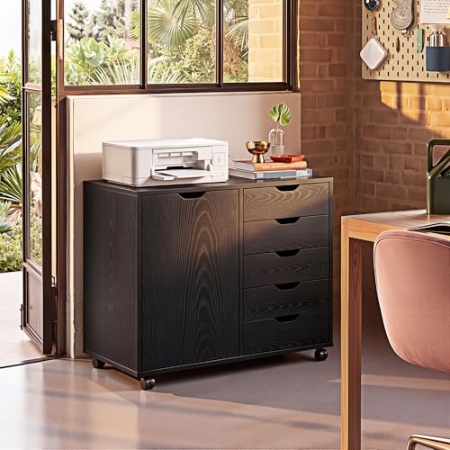 DEVAISE Mobile File Cabinet, 5-Drawer Wood Storage Chest with Door, Printer Stand for Home Office, Black - color: Ebony