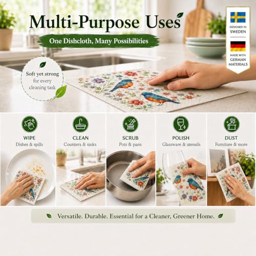10 PCS Birds Print Swedish Dishcloths for Kitchen 100% Biodegradable, Reusable Cellulose Sponge Cloths Ultra Absorbent, Eco Friendly Cleaning Towels Dishcloths for Washing Dishes & General Cleaning - color: 10 Pcs-birds Print