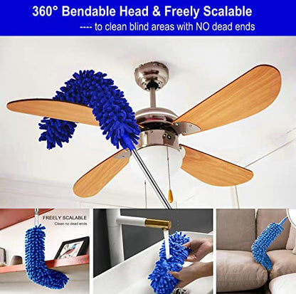 Microfiber Duster Kit High Reach Ceiling Fan Duster with Extendable Pole 100" Telescoping Cobweb Duster for Cleaning, Bendable Head Washable Duster for Ceiling, Fan, Furniture - style: 3PC Duster Kit BLUE