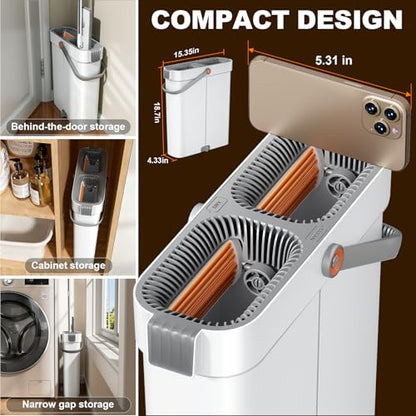 15.7" Flat Mop and Bucket Set with Wringer System | Wet Dry Floor Mop, 6 Reusable Microfiber Pads for Home, Tiny Home, Safe for Hardwood, Tile, Wall & Window Cleaning