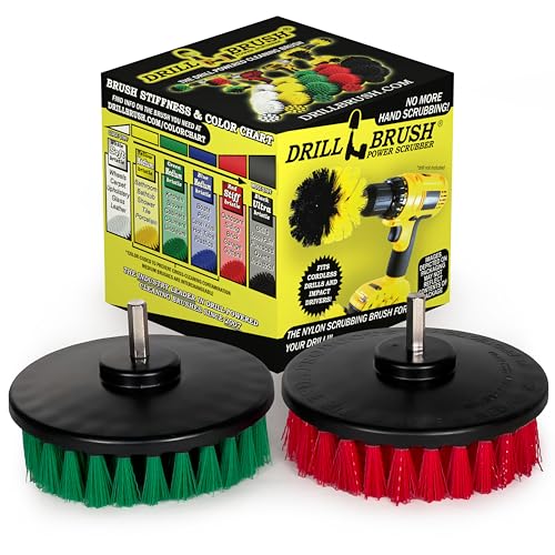 Drill Brush - Cleaning Supplies - Medium and Stiff Bristle Brush Kit - Spin Brush - Grout Cleaner - Tile, Counter-tops, Stove, Oven, Sink, Trash Can, Floors - Concrete Swimming Pools, Garden Fountains - color: Green / Red