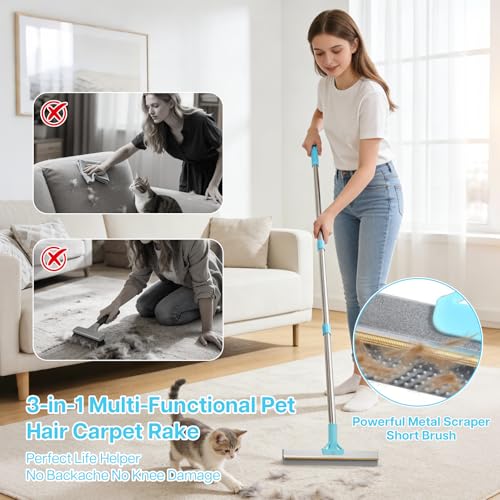 3PCS Carpet Rake for Pet Hair Removal, 54” Adjustable Long Handle, Dual-Sided Metal & Silicone Head,Reusable Pet Hair Remover Scraper Rake Carpet,Dog Hair Broom for Rugs,Mats,Couch and Furniture.