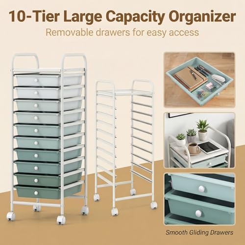COSTWAY 10-Drawer Rolling Storage Cart, Utility Mobile Trolley with Removable Drawers & Universal Casters & 2 Brakes (Green Gradient,13"L x 15"W x 34"H (10 Drawer)) - color: Green Gradient, size: 13"L x 15"W x 34"H (10 Drawer)