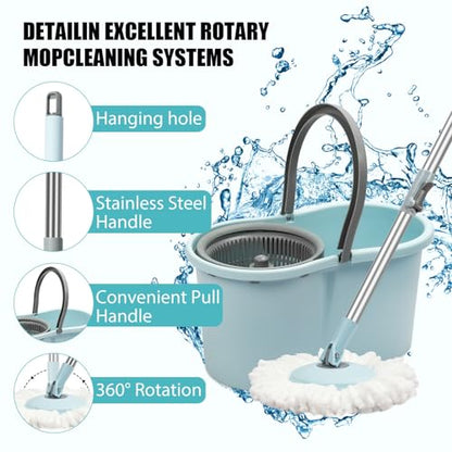 Spin Mop and Bucket with Wringer Set, 360° Spinning Mop Bucket System with 3 Microfiber Mop Replacement Heads, Adjustable Handle for Floor Cleaning (Light Blue) - color: Light Blue