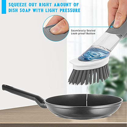 4-in-1 Dish Cleaning Brush Soap Dispensing Dish Brush Set with 4 Replacement Heads and Storage Holder, Kitchen Scrub Brush for Dish Pot Pan Sink Cleaning (Grey) - color: Gray