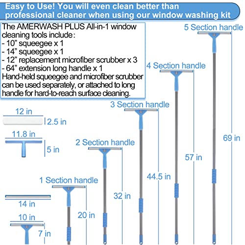 AMERWASH PLUS Window Squeegee Washing Kit for High Window, Shower Glass Door, Mirror Cleaning, with 69-inch Extension Pole, Extra 14'' Wide Squeegee and 2 Microfiber Scrubbers Included