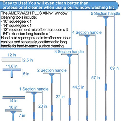 AMERWASH PLUS Window Squeegee Washing Kit for High Window, Shower Glass Door, Mirror Cleaning, with 69-inch Extension Pole, Extra 14'' Wide Squeegee and 2 Microfiber Scrubbers Included