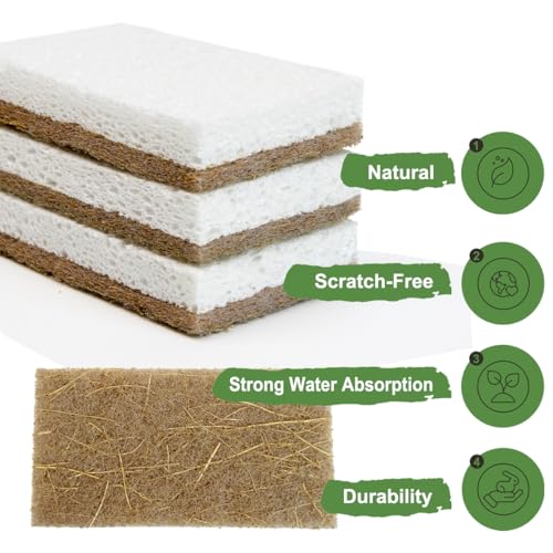 CELOX 5 Pack Kitchen Scrub Brush Set with Ergonomic Handle and 12 Pack Dual-Sided Natural Cellulose Sponge for Dishwashing