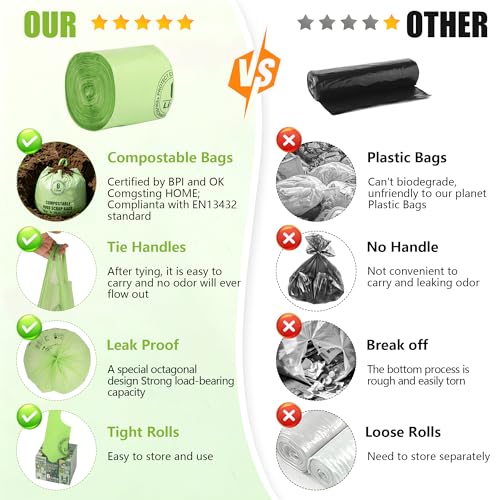 Small Compostable Trash Bags with Handles for Countertop Bin 6L,1.2 Gallon 100 Count Green Biodegradable Recycle Bags for Kitchen，Food Waste Bag with TUV and OK Compost Home and BPI Certified