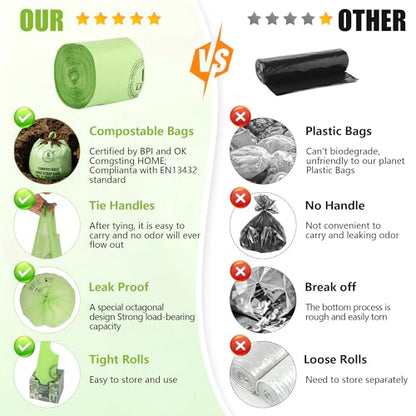 Small Compostable Trash Bags with Handles for Countertop Bin 6L,1.2 Gallon 100 Count Green Biodegradable Recycle Bags for Kitchen，Food Waste Bag with TUV and OK Compost Home and BPI Certified