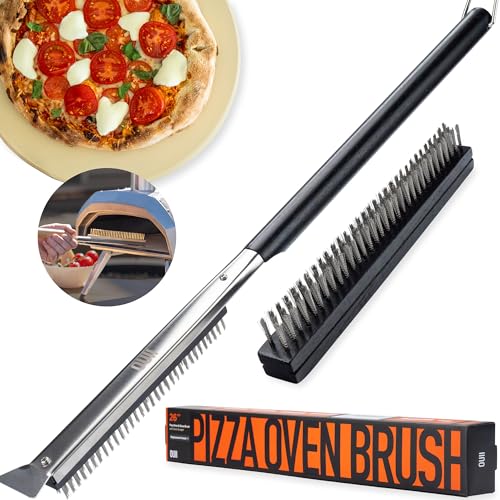 26'' Pizza Oven Brush with Stone Scraper - Includes 2 Brush Heads, Heat-Resistant Silver Stainless Steel Bristles - Long Grip Handle, Compatible with Ooni, Gozney, Blackstone, Solo Stove Ovens - color: Black - 2 Brush Heads