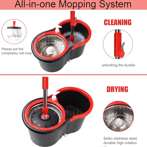 Spin Mop and Bucket with Wringer Set, 360° Spinning Mop Bucket System with 3 Microfiber Mop Replacement Heads Refills,56" Stainless Steel Extended Handle for Floor Cleaning Home(20QT) (Green) (Black) - color: Black