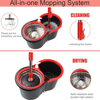 Spin Mop and Bucket with Wringer Set, 360° Spinning Mop Bucket System with 3 Microfiber Mop Replacement Heads Refills,56" Stainless Steel Extended Handle for Floor Cleaning Home(20QT) (Green) (Black) - color: Black