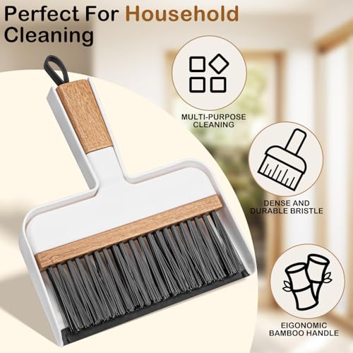 ThinkLearn Mini Dustpan and Brush Set, Bamboo Handle with Rubber Lip | Small Handheld Cleaning Set for Tight Spaces, Small Broom Dustpan for Home Car Camping - color: White