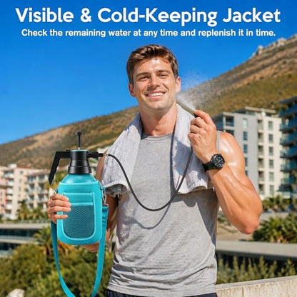 Aurelema Personal Mister, 2 in 1 Water Spray Bottle with 3.3ft Extend Mist Line/Neoprene Jacket/Strap, Portable Handheld Pump Spray Bottle for Outdoor Cooling, Hiking, Garden, Pet(Blue,2L) - color: Blue, style: with Neoprene Jacket;