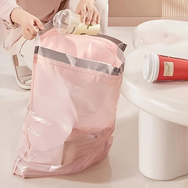 Drawstring Trash Bags Extra Thick and Durable, Large Kitchen Waste Bags for Home Use, Portable Garbage Bags with Handles, Pink, 50 Count
