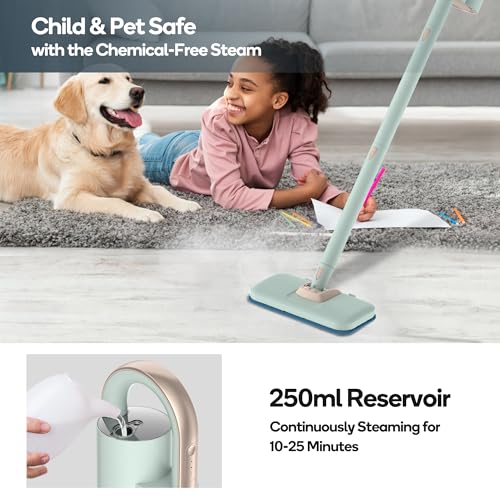 Newbealer Steam Mop & Detachable Handheld Cleaner, 1200W Floor Steamer | 3 Adjustable Levels for Carpet Laminate Hardwood Grout, Carpet Glider, 7 Multi-purpose Accessories & 2 Pads, 250ml Tank - color: Mint Green with 7 brushes
