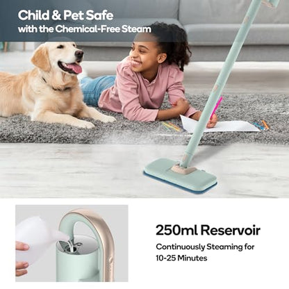 Newbealer Steam Mop & Detachable Handheld Cleaner, 1200W Floor Steamer | 3 Adjustable Levels for Carpet Laminate Hardwood Grout, Carpet Glider, 7 Multi-purpose Accessories & 2 Pads, 250ml Tank - color: Mint Green with 7 brushes