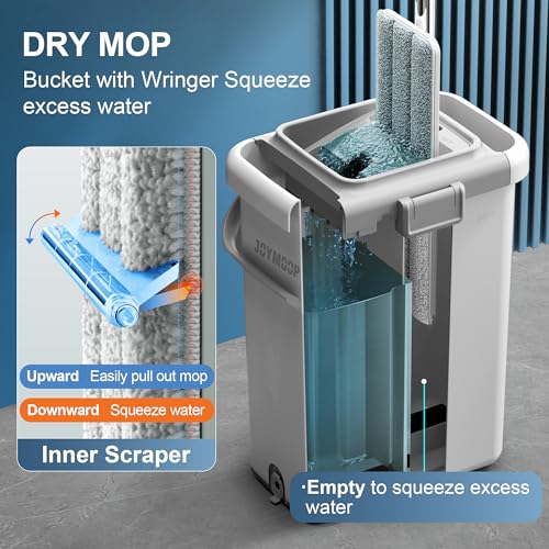 JOYMOOP Flat Mop System, Microfiber Mop and Bucket Set, White, Hands-Free Floor Cleaning Mop for Household & Commercial Use, Wet and Dry Cleaning, Includes 3 Washable Pads - color: White Max551