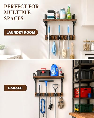 Lorbro Broom Holder Wall Mount with Cleaning Supplies Storage, Heavy Duty Broom and Mop Organizer Wall Hanging, Wooden Mop Organizer Hanger, 3 in 1 Storage Shelves for Laundry Room, Garage, Closet - size: Medium