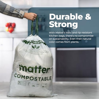 Matter Compostable 13 Gallon Tall Kitchen Trash Bags with Drawstring, Eco-Friendly, Unscented, Durable, Leak-Resistant, 60 Count - style: 13 Gallon Single Pack