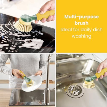 Vigar Rengo Dish Brush with Soap Dispenser - Dish Scrubber with Handle, Kitchen Scrub Brush for Dishes, Sink Cleaning Brush, Soap Dispensing Dish Wand with Nylon Bristles, Non Scratch - Mustard - color: Mustard