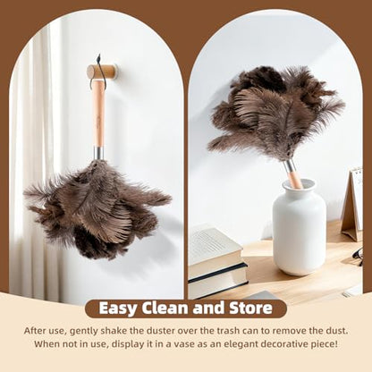 2 Pack Ostrich Feather Dusters with Wooden Handle, 13.5 inch Natural Fluffy Feather Dusters for Dusting Home, Car, Delicate Surfaces, Reusable Soft Cleaning Tools for Ledges, Blinds - color: 13.5in-brown