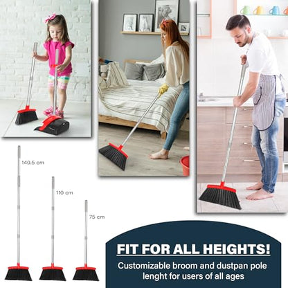 Broom and Dustpan Set 55", Long Adjustable Stainless Steel Handle, Upright, Large Size, Lightweight Broom with Dustpan Combo Set for Home Kitchen Office Lobby Indoor and Outdoor