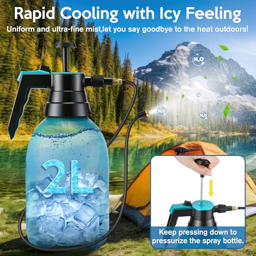 Aurelema Personal Mister, 2 in 1 Water Spray Bottle with 3.3ft Extend Mist Line/Neoprene Jacket/Strap, Portable Handheld Pump Spray Bottle for Outdoor Cooling, Hiking, Garden, Pet(Blue,2L) - color: Blue, style: with Neoprene Jacket;