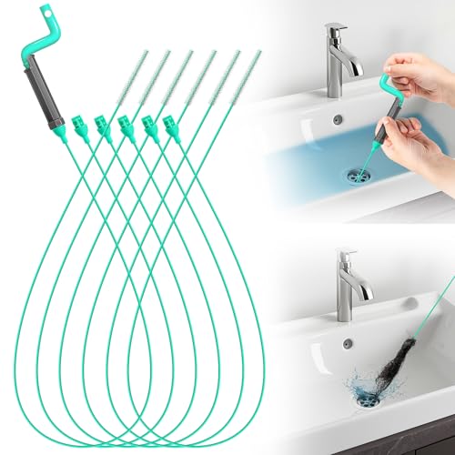Bathroom Drain Hair Remover Tool with Rotating Handle, Reinforced Steel Core Drain Snake Cleaner for Shower, Bathtub and Bathroom Sink, Flexible Hair Clog Removal Tool for Narrow Drains(6PCS)