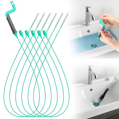Bathroom Drain Hair Remover Tool with Rotating Handle, Reinforced Steel Core Drain Snake Cleaner for Shower, Bathtub and Bathroom Sink, Flexible Hair Clog Removal Tool for Narrow Drains(6PCS)