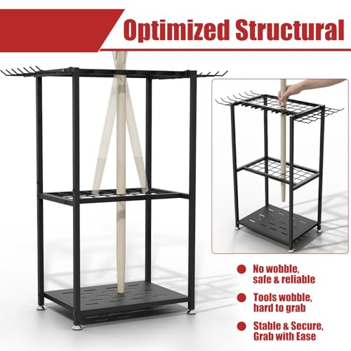 Faesun Garden Tool Organizer, 3-Tier Metal Yard Tool Rack with 14 Hooks & 5 Slots, Holds 50+ Rakes/Shovels/Brooms, Heavy Duty Freestanding Lawn Tool Storage for Garage Shed Outdoor Organization - size: Stand