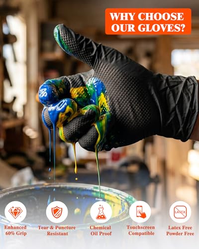 wcy 9mil Heavy Duty Disposable Nitrile Gloves, Black Medium 80Pcs -Chemical Resistant, Latex Powder Free Rubber Gloves Diamond Texture for Automotive, Mechanics, Cooking - color: Black-80, size: Medium