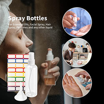 36 Pack Plastic Small Spray Bottles 4 oz/120 ml, Fine Mist Clear Empty Plastic Small Travel Spray Bottle, with 10 Funnels and 10 Labels - color: Clear