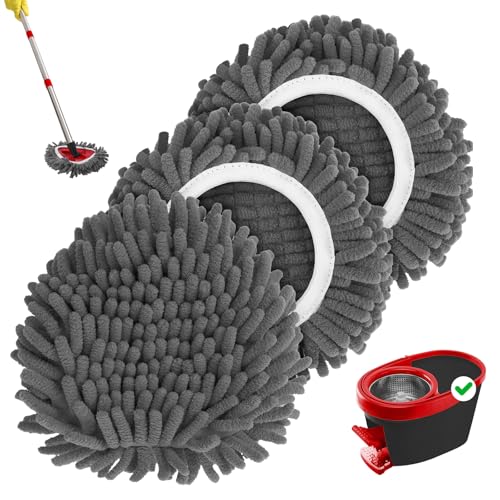 Baderke 3 Pack Chenille Mop Heads Replacements Compatible with 1 Tank System Chenille Duster Replacement Heads Microfiber Spin Mop Refill Pads Reusable Dust Refills for Floor Cleaning (Gray) - color: Gray