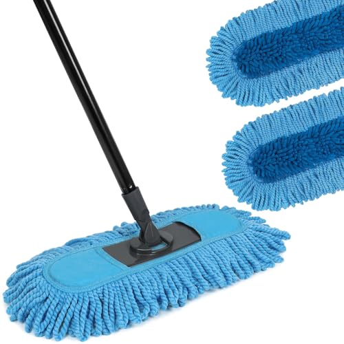 19 Inch Dust Mops for Floor Cleaning with 2 Mop Refill Pads Floor Duster with 58” Long Handle Microfiber Sweeper for Hardwood Tile Baseboard - color: Blue+2 Pads