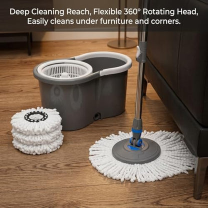 Spin Mop and Bucket System, 360° Rotating Wet & Dry Mop with Stainless Steel Handle, Includes 4 Washable Microfiber Mop Heads, Self-Wringing Floor Cleaning Set for Hardwood, Tile, Laminate