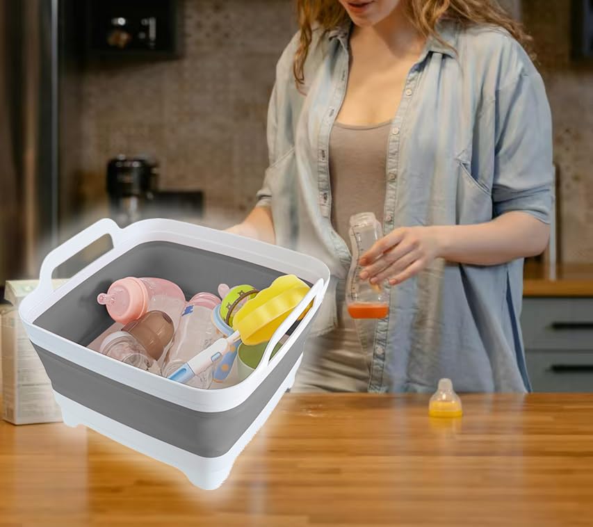 GIMWA Collapsible Wash Basin with Drain Plug - 2.4 Gallon Foldable Kitchen Sink for Baby Bottles, RV Camping, Space-Saving Dish Tub (Gray-Pink) - color: Gray-pink